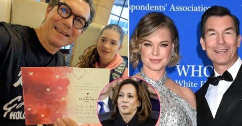 Composite photo of Jerry O'Connell, Rebecca Romijn, their daughter and Kamala Harris