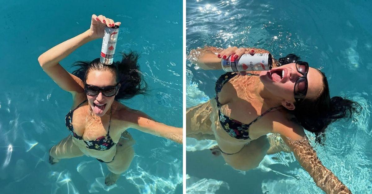 image of The model posed poolside with a Celsius drink.