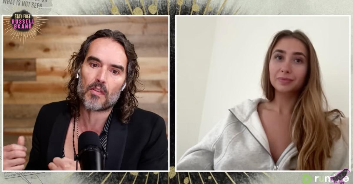 Photos of Russell Brand and Lily Phillips on the 'Stay Free With Russell Brand' podcast.