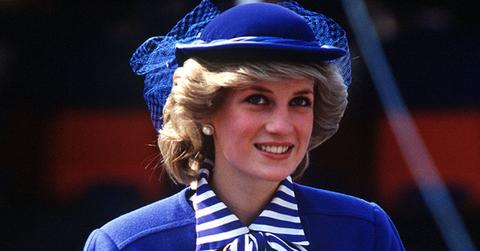 Smiling Princess Diana Wearing Rioyal Bllue Suit With Matching Hat and Blue And White STriped Blouse
