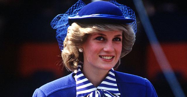 Smiling Princess Diana Wearing Rioyal Bllue Suit With Matching Hat and Blue And White STriped Blouse
