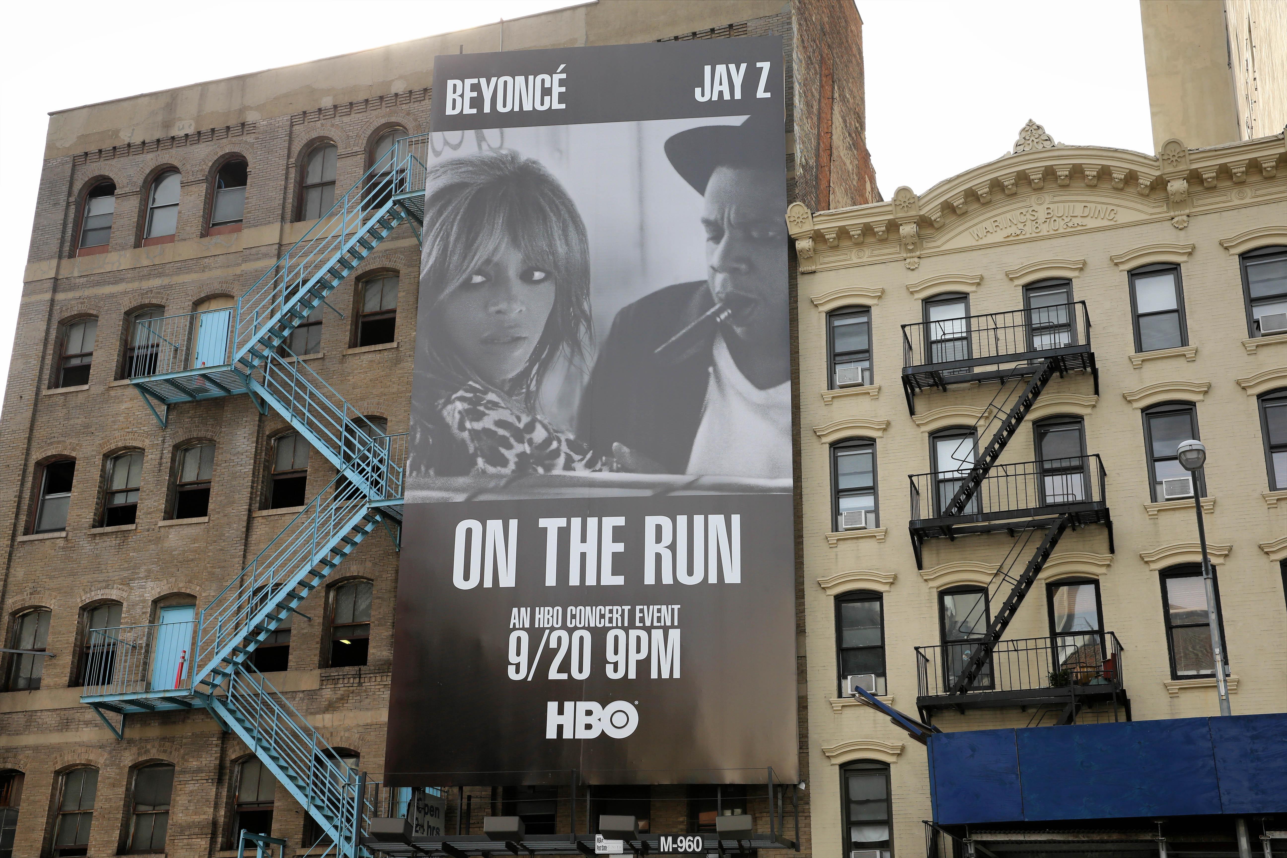 General views of a billboard on Varick Street featuring Beyonce and Jay Z&#039;s HBO concert documentary