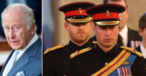 Split photo of King Charles, Princes Harry and William.
