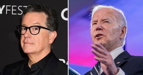 Composite photo of Stephen Colbert and President Joe Biden