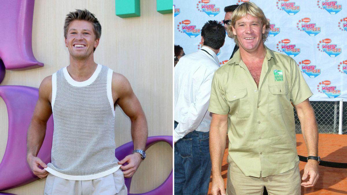 Split photo of Robert Irwin and Steve Irwin