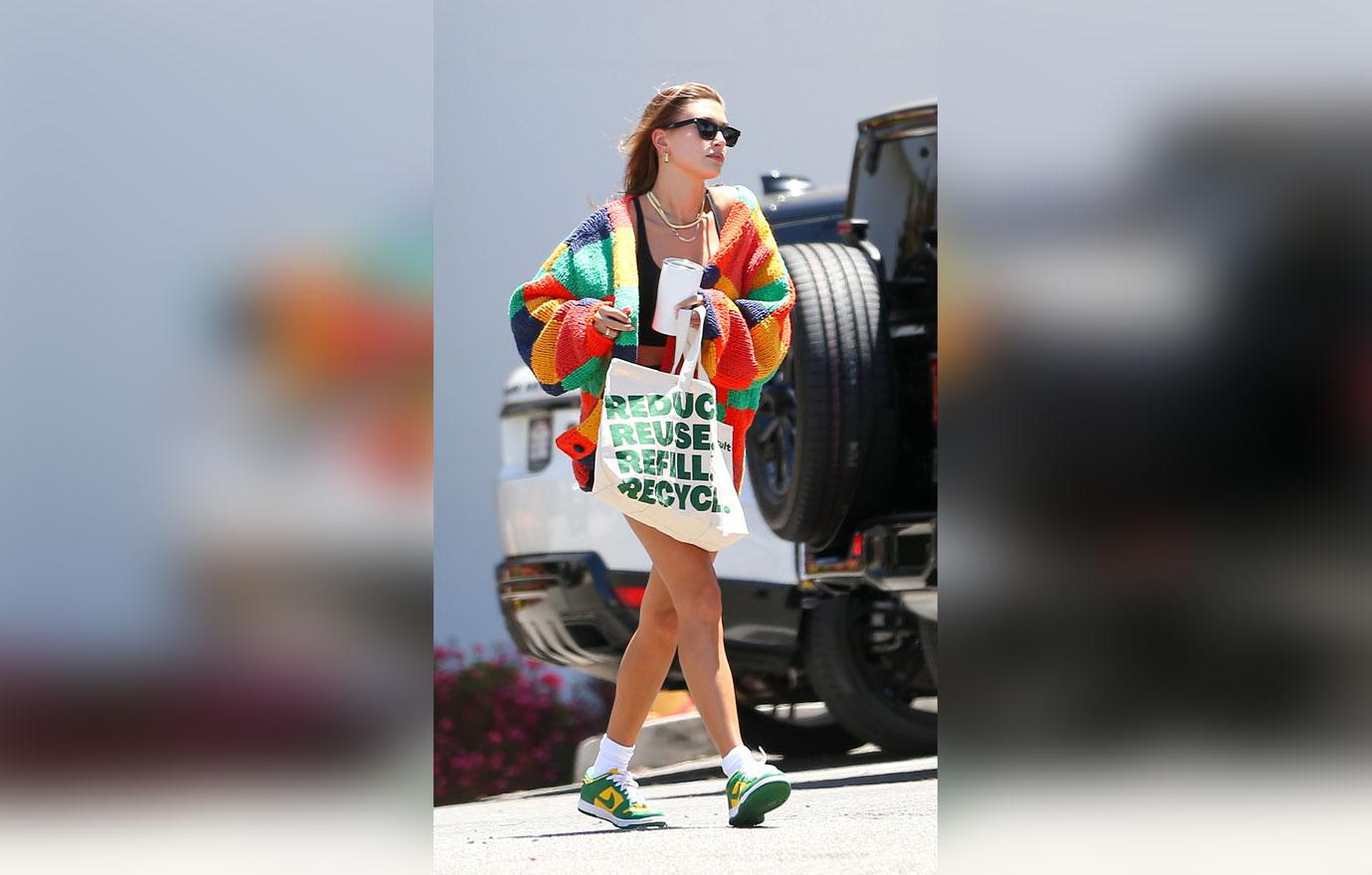 Hailey Bieber Wears NY Jets T-Shirt Dress To Lunch In L. A.