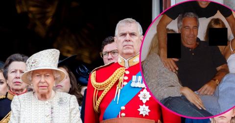 image of prince Andrew and Queen Elizabeth and inset of Jeffrey epstein