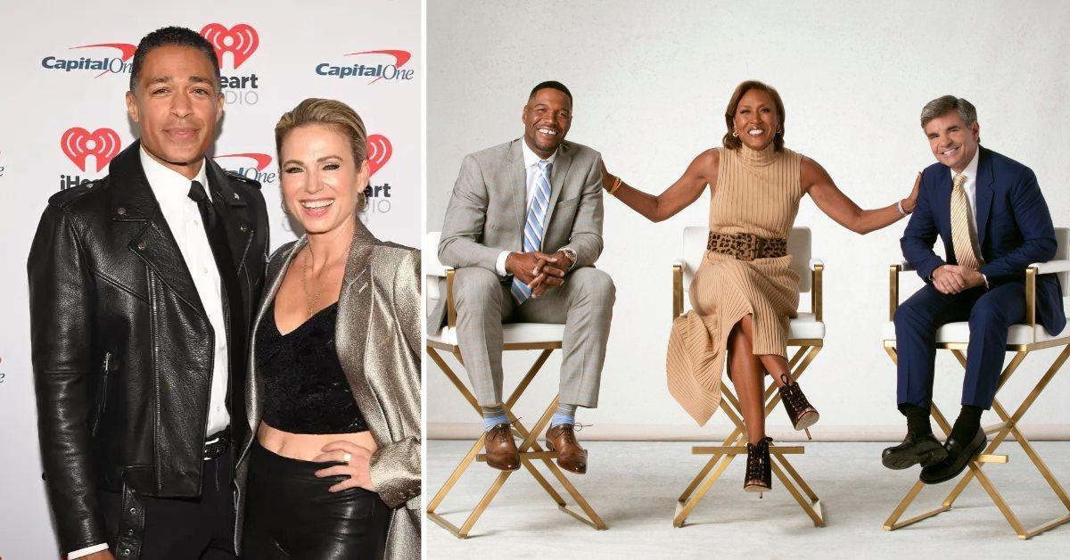 Photo of T.J. Holmes with Amy Robach and a picture of Robin Roberts, George Stephanopoulos and Michael Strahan.