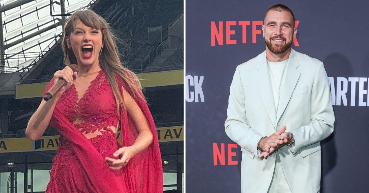 A photo of Taylor Swift on stage and a photo of Travis Kelce.