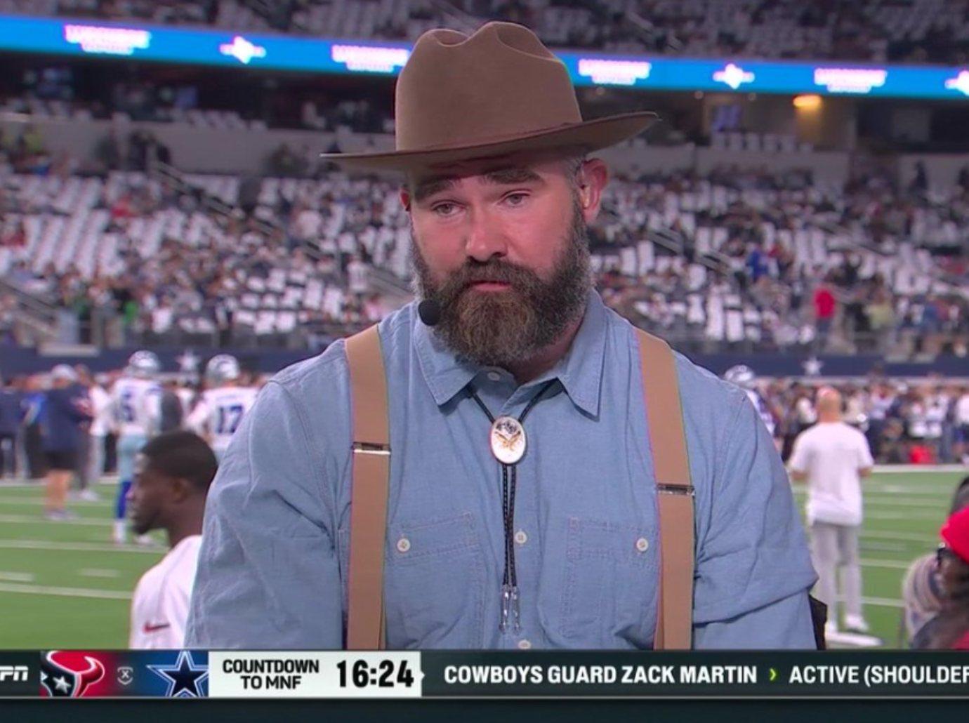 jason kelce teased wearing suspenders bolo tie football broadcast