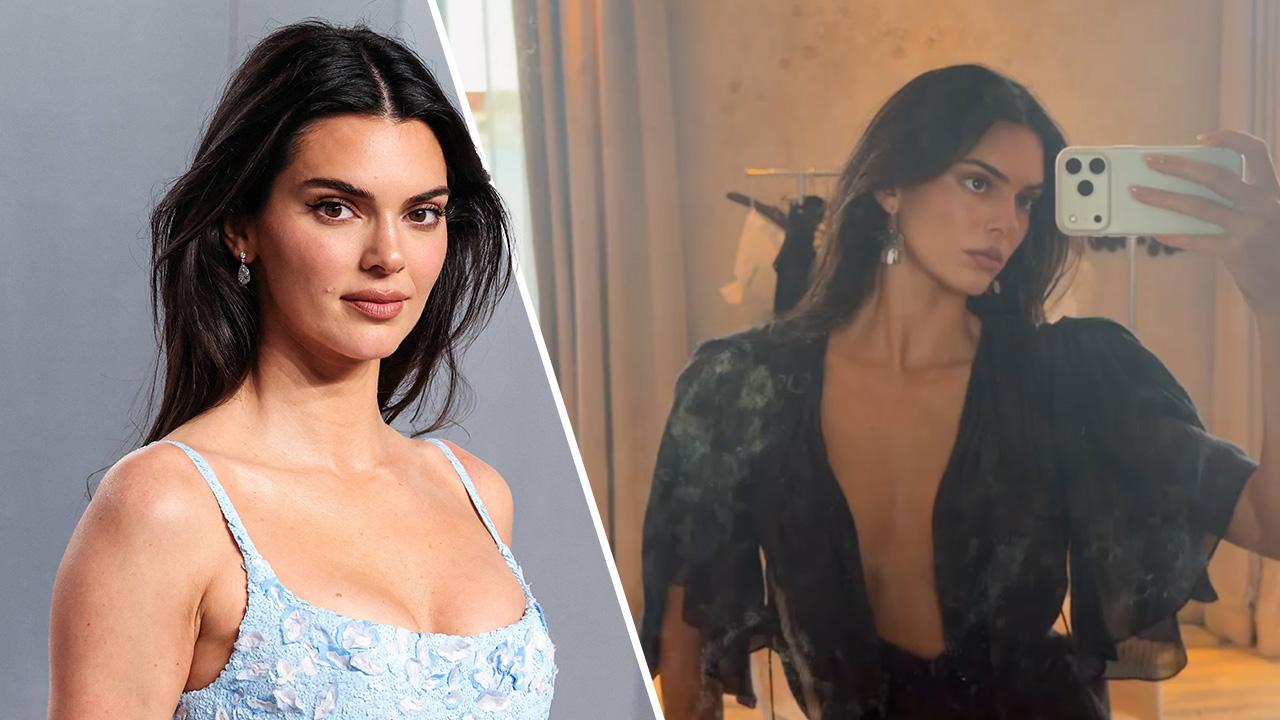 Image of Kendall Jenner went braless in a semi-sheer black gown. 