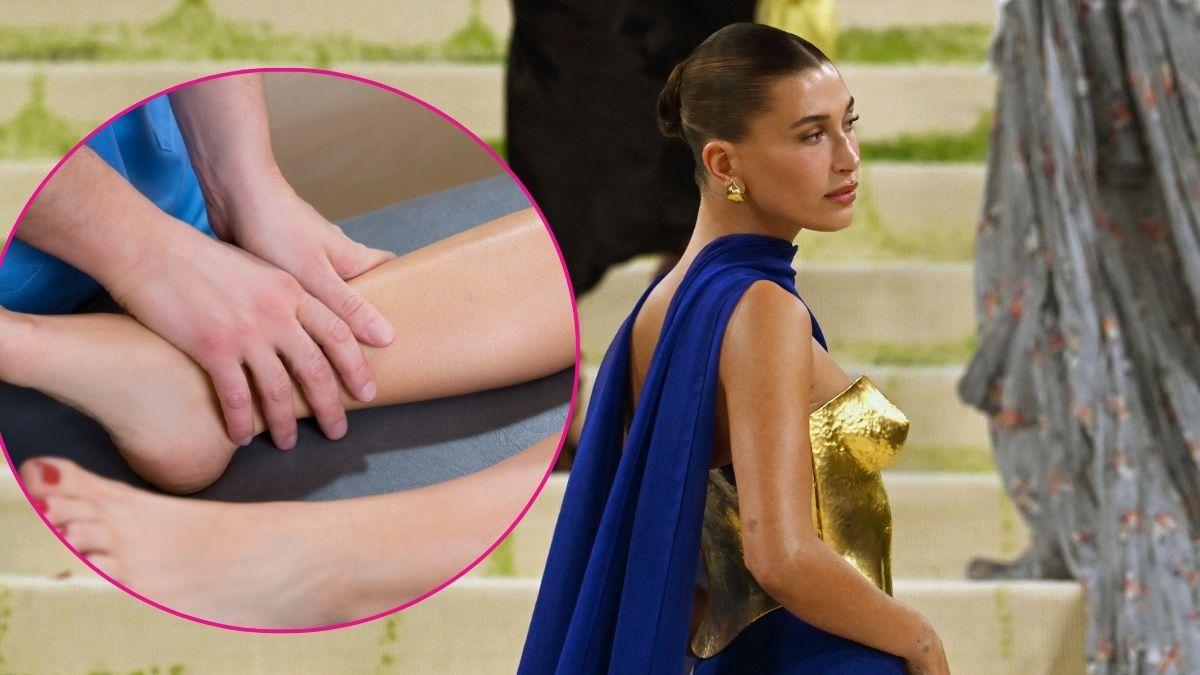 Composite photo of Hailey Bieber and someone getting a massage