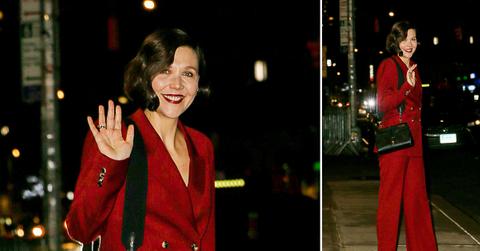 maggie gyllenhaal wears a red suit while leaving the late show with stephen colbert in nyc