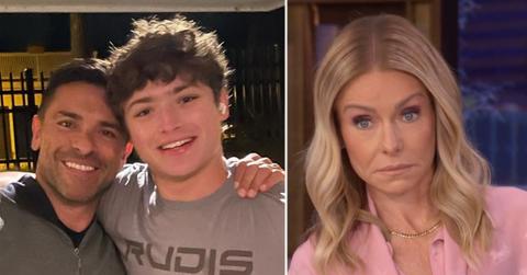 Split photo of Mark Consuelos, Joaquin Consuelos and Kelly Ripa.