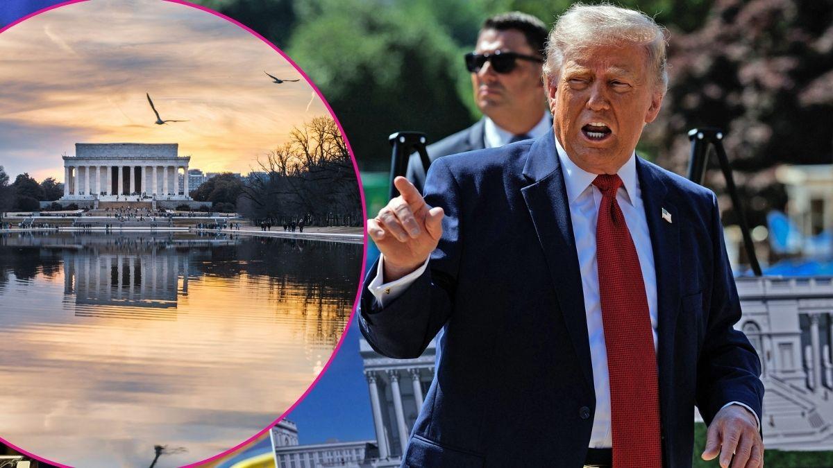 Composite photo of Donald Trump and the Lincoln Memorial Reflecting Pool.