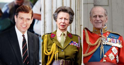 Split photo of Ex-Prince Andrew, Princess Anne, and Prince Philip