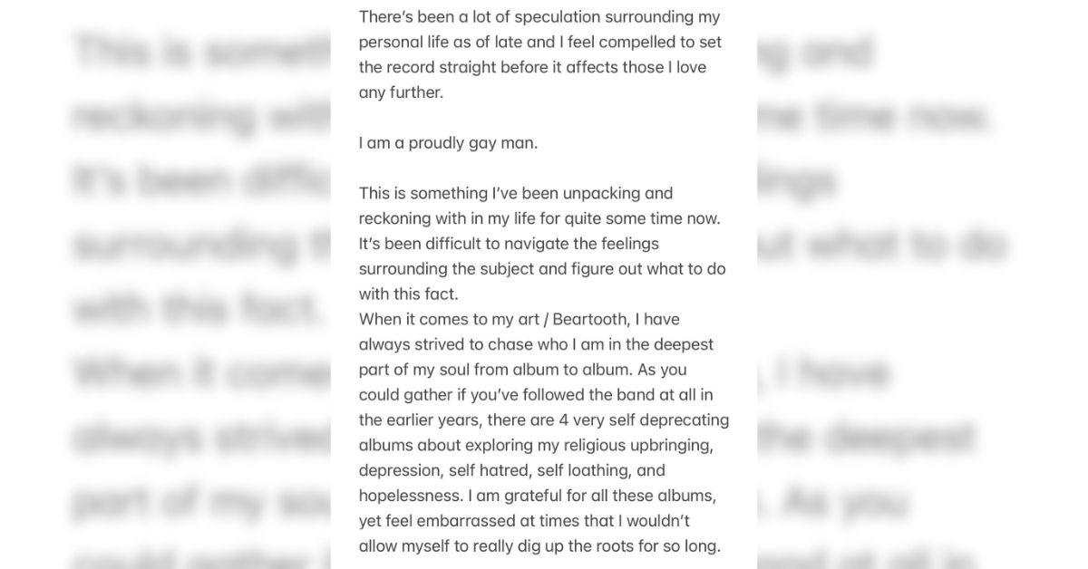 image of Caleb Shomo, frontman of Beartooth, publicly came out as gay after more than a decade of marriage to his wife, Fleur.