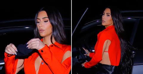 kim kardashian arriving lamborghini plunging neckline friends home dinner calabasas pf