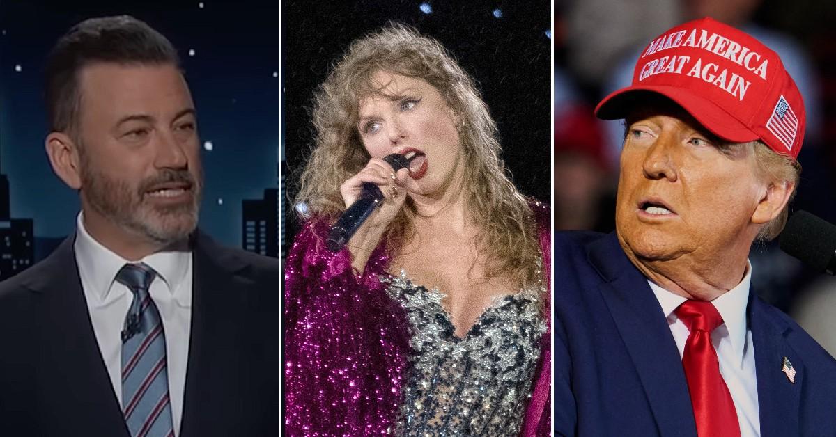 Split photo of Jimmy Kimmel, Taylor Swift and Donald Trump.