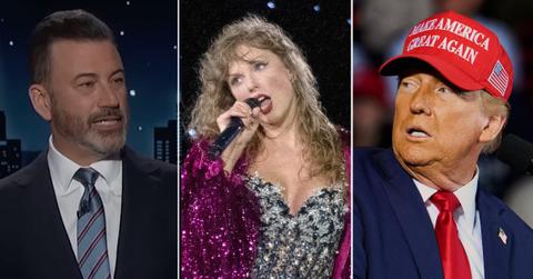 Split photo of Jimmy Kimmel, Taylor Swift and Donald Trump.