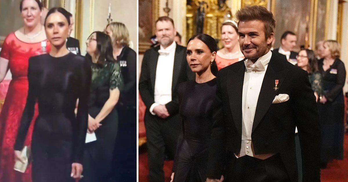 Photo of Victoria and David Beckham at Buckingham Palace.