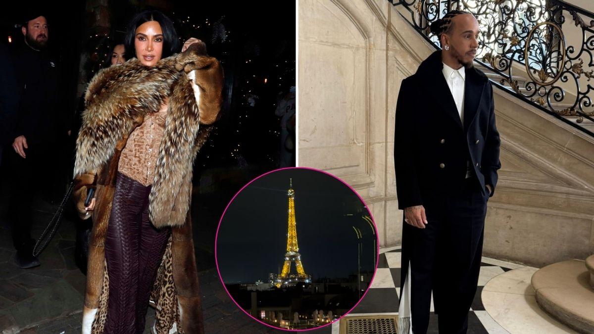 Composite photo of Kim Kardashian, Lewis Hamilton and the Eiffel Tower
