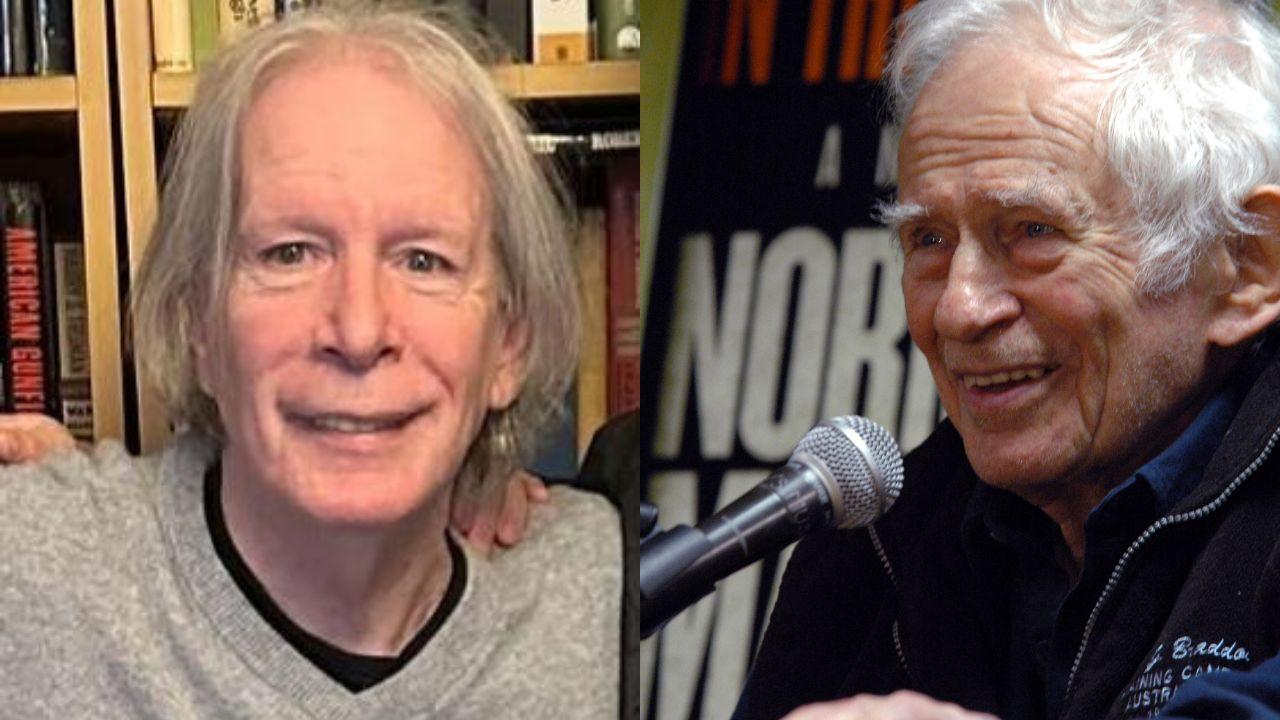 Split image of Legs McNeil and Norman Mailer.