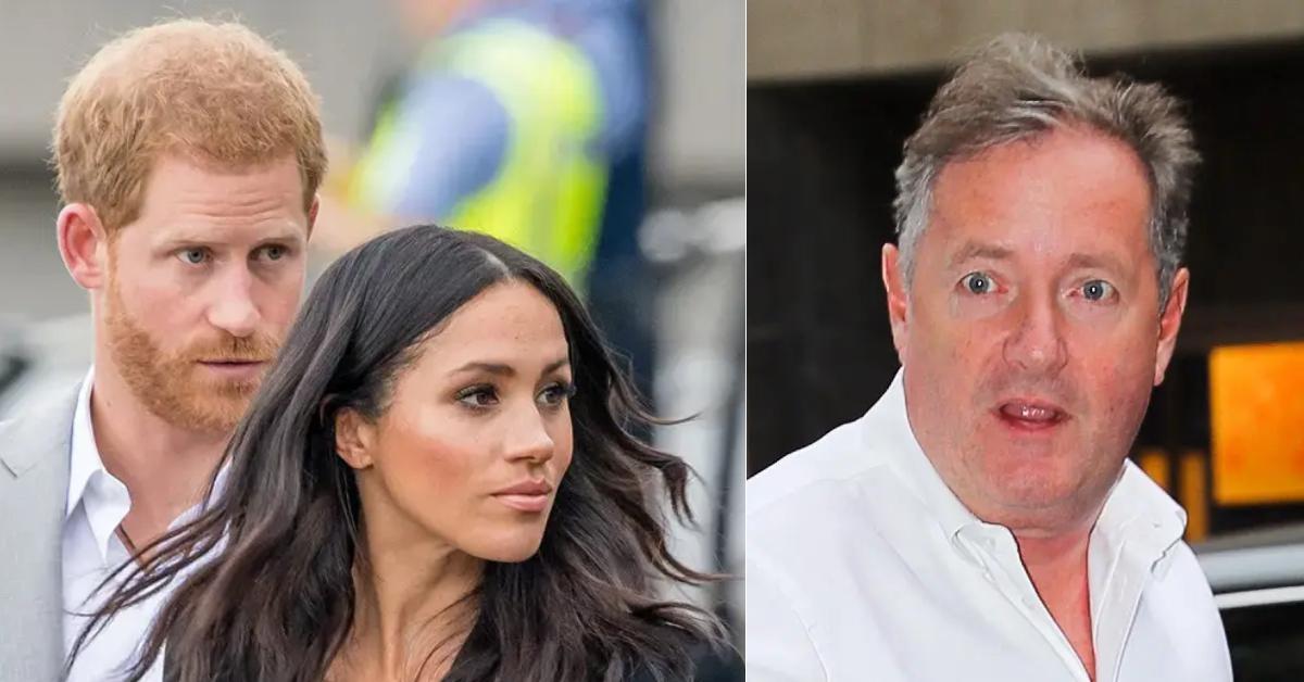 Photo of Prince Harry and Meghan Markle; picture of Piers Morgan.