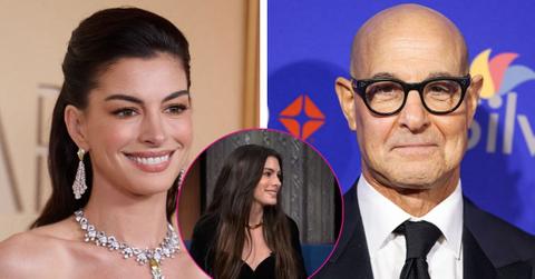 split photo of Anne Hathaway & Stanley Tucci