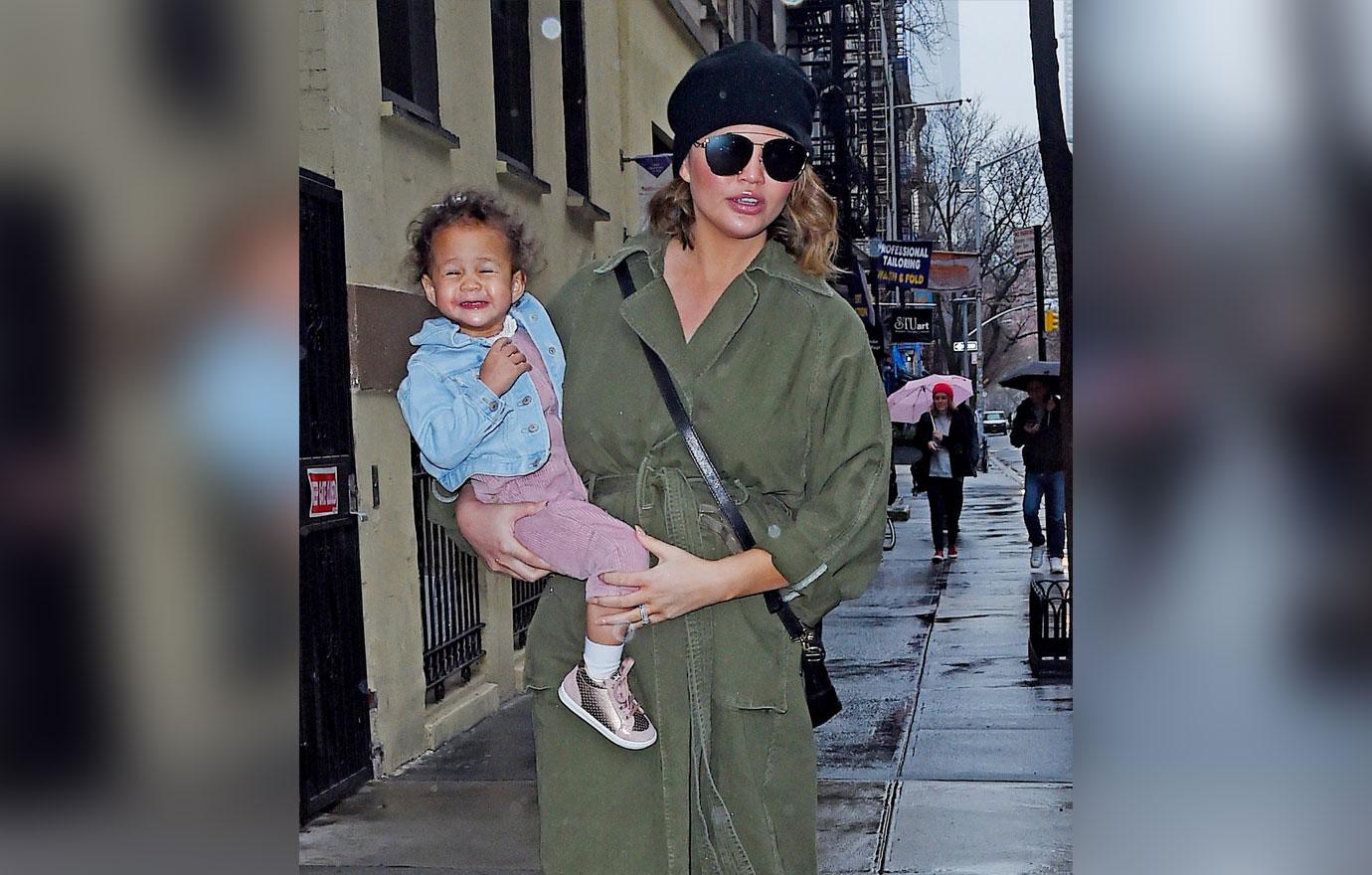 Pregnant Chrissy Teigen and daughter Luna shopping at &#8220;The Webster&#8221; in SoHo on a rainy day out in NYC