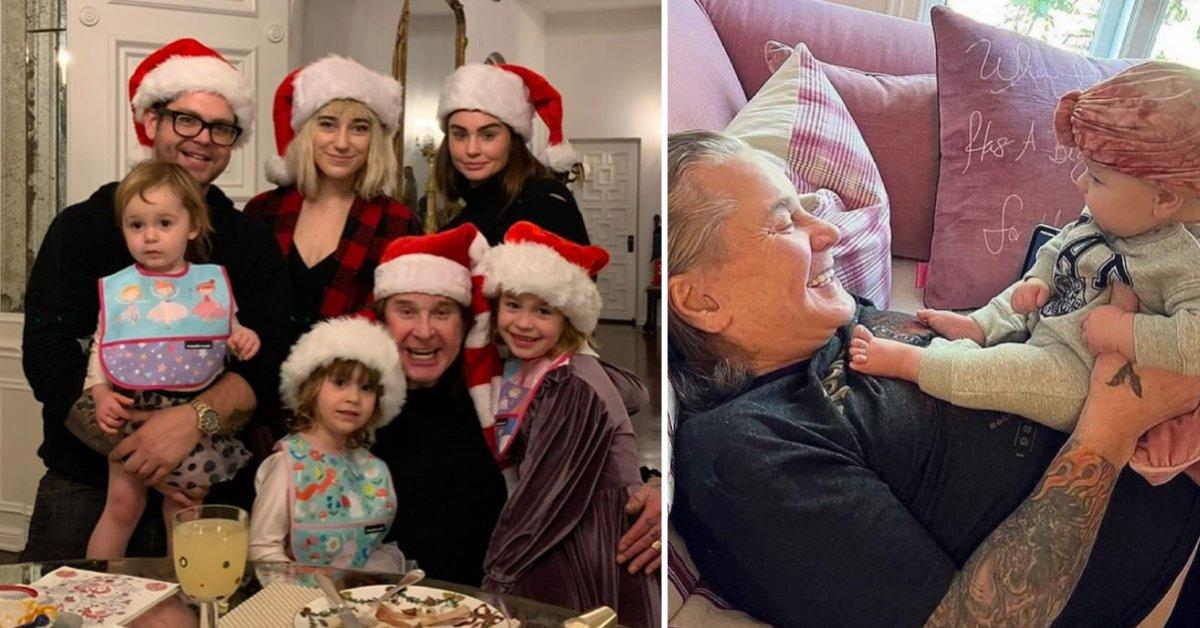Two photos of Ozzy Osbourne with his family