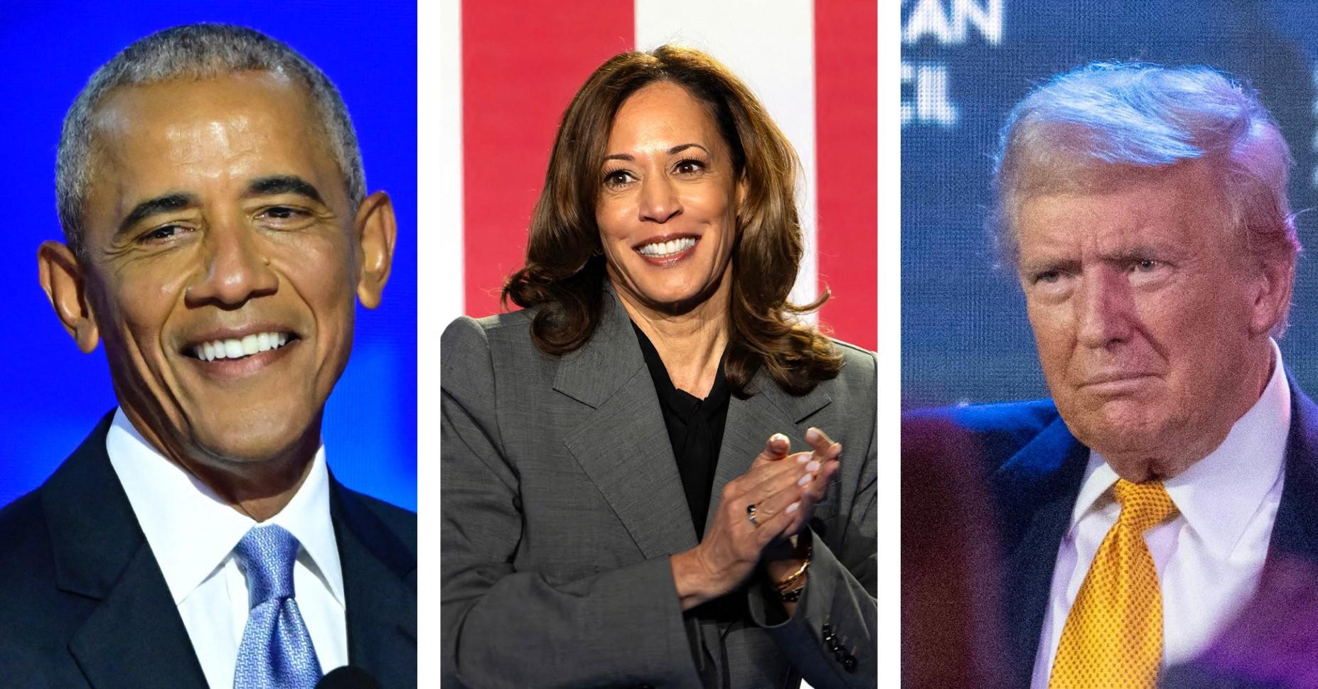 Photo of Barack Obama, Kamala Harris and Donald Trump. 