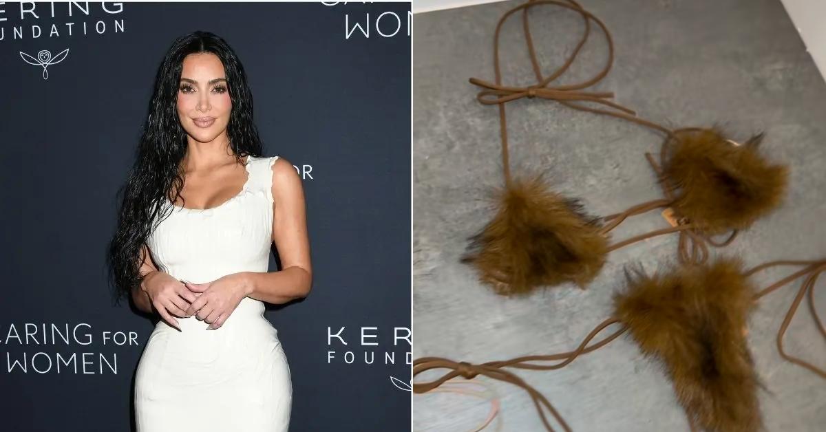 Photo of Kim Kardashian and a picture of a SKIMS bikini.