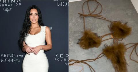 Photo of Kim Kardashian and a picture of a SKIMS bikini.