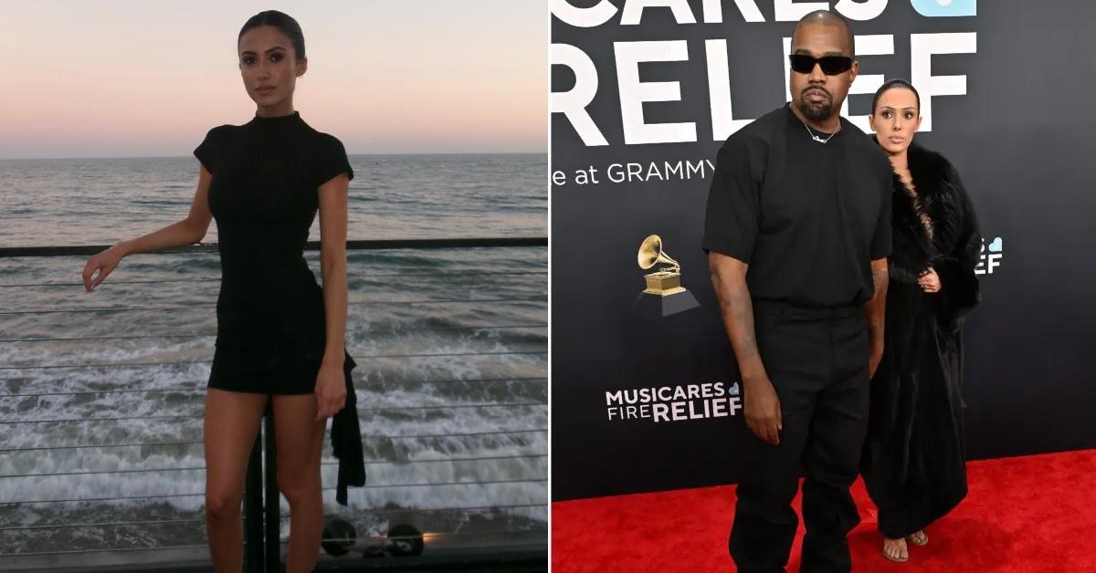 Photo of Angelina Censori and a picture of Kanye West with Bianca Censori.