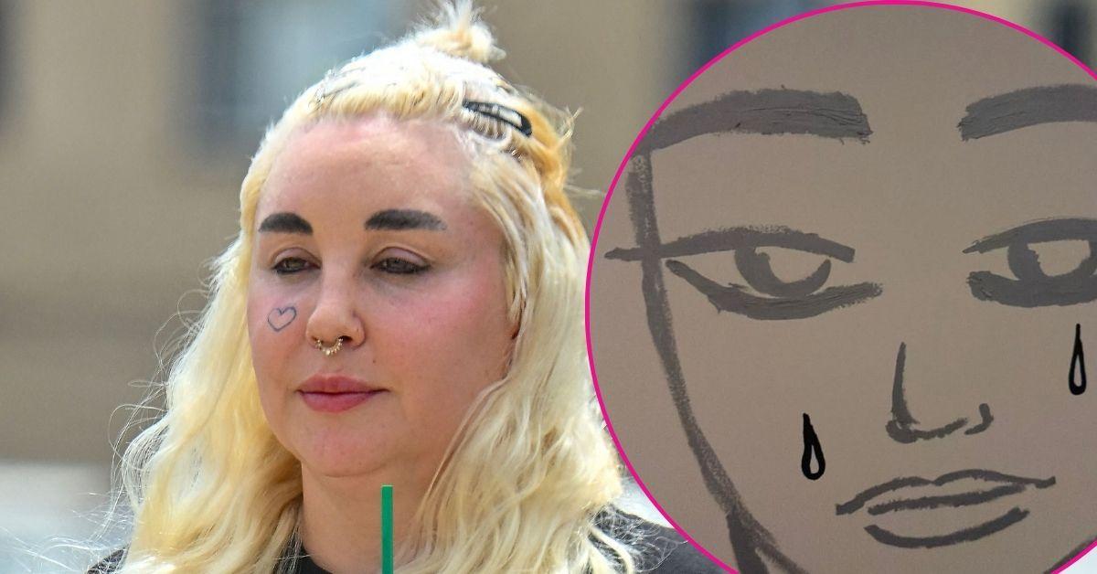 split image of Amanda Bynes and a drawing of a person crying
