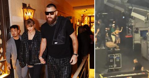 Two photos of Taylor Swift with Travis Kelce