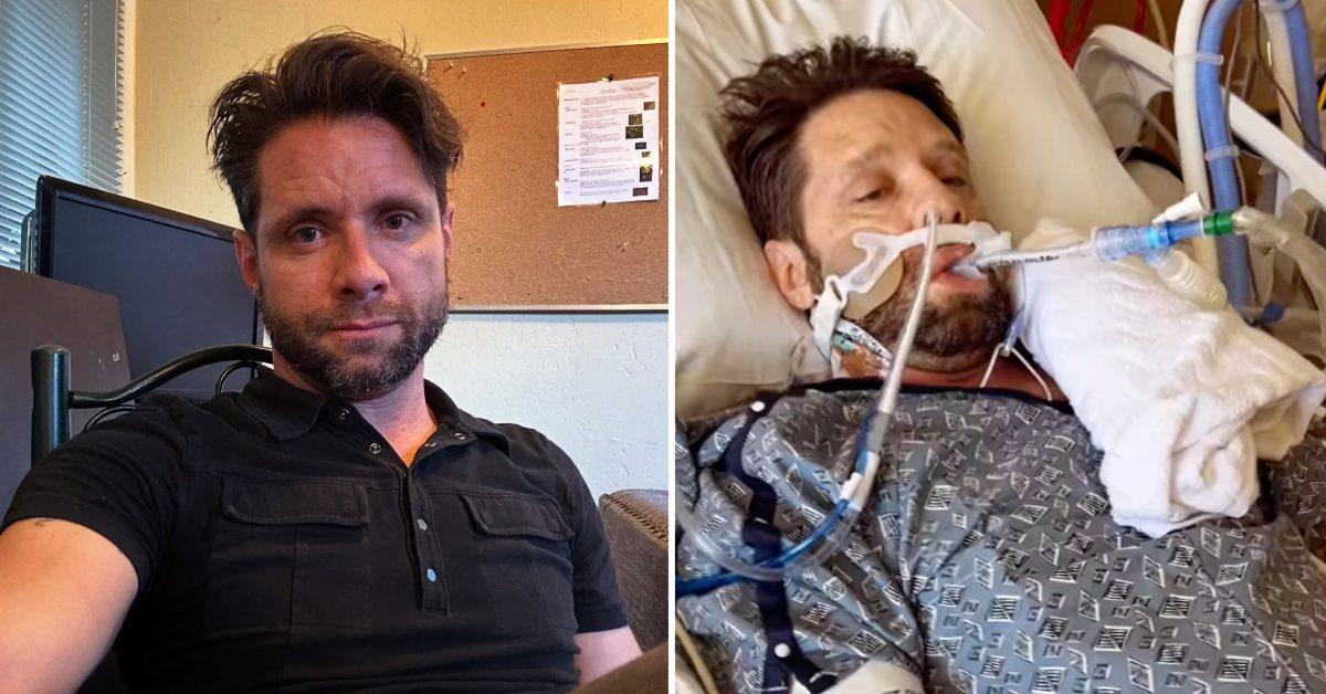 Selfie of Danny Pintauro and a photo of the actor in a hospital bed.