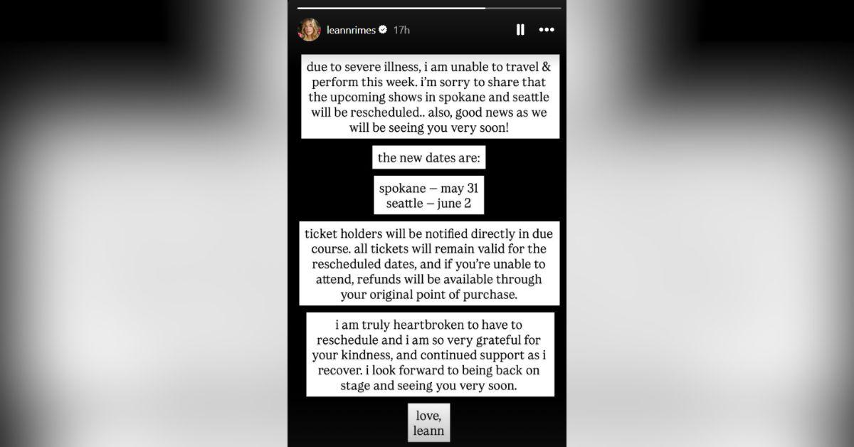 image of LeAnn Rimes announced she has to cancel upcoming shows due to a severe illness.
