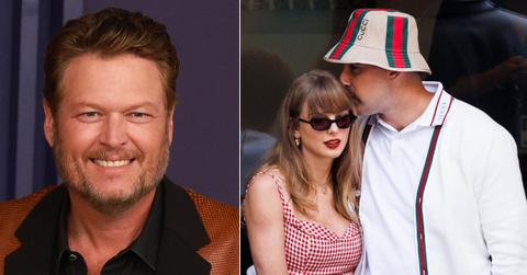 Photo of Blake Shelton and picture of Taylor Swift and Travis Kelce.