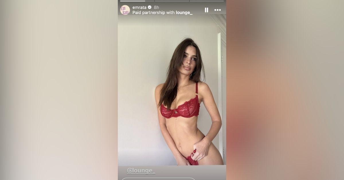 image of Emily Ratajkowski showed off her curves in a red two-piece lingerie set.