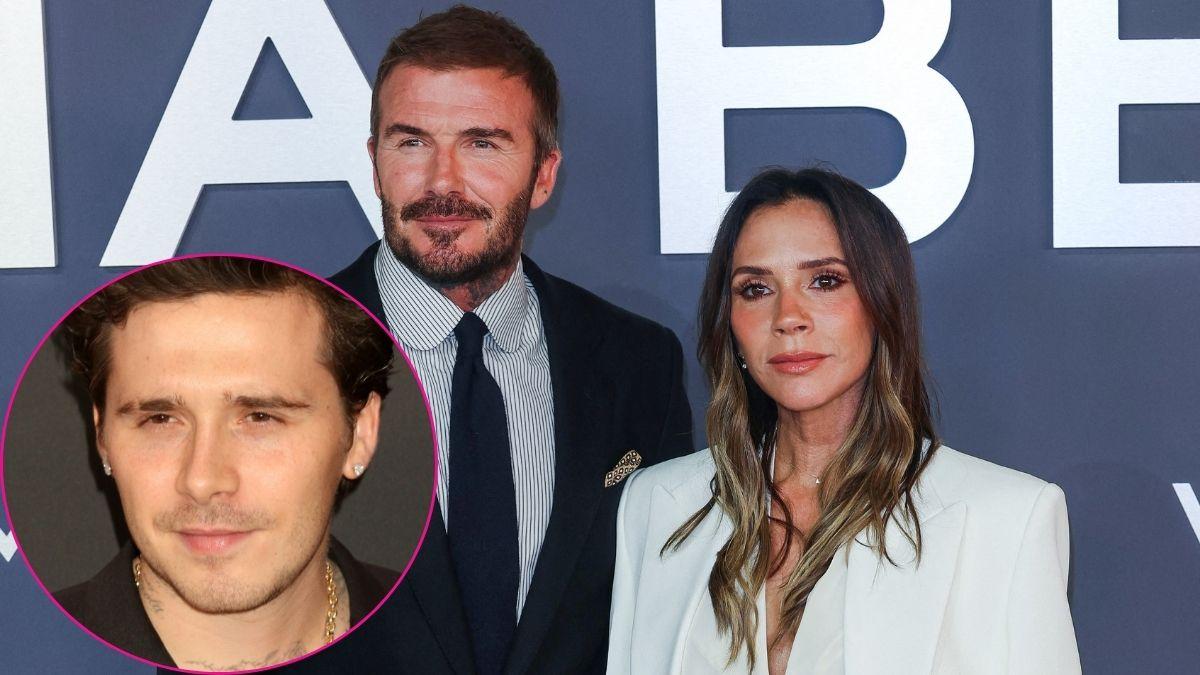 Split photo of Brooklyn, David and Victoria Beckham.