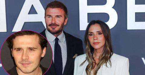 Split photo of Brooklyn, David and Victoria Beckham.