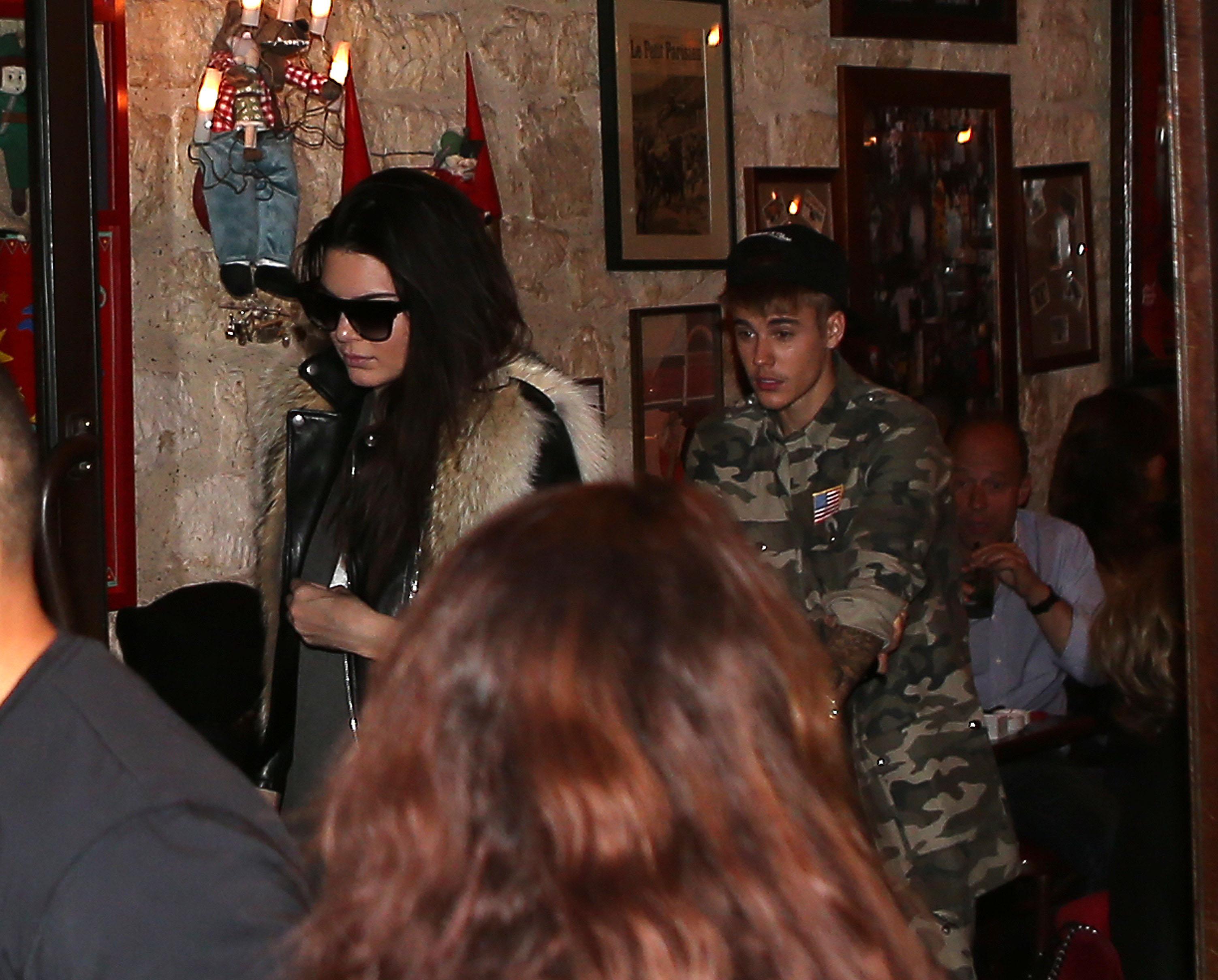 Justin Bieber and Kendall Jenner leave a restaurant in Paris