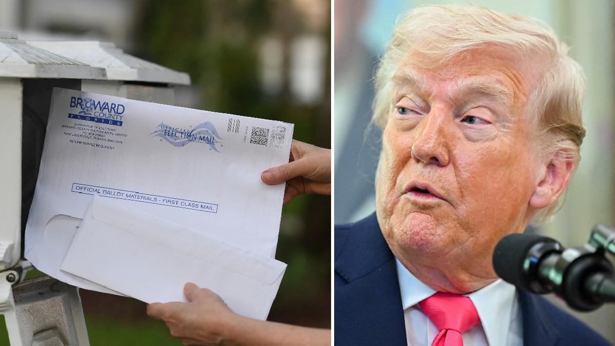 Split photo of mail-in ballot and Donald Trump.