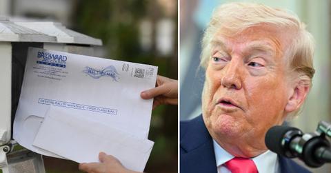 Split photo of mail-in ballot and Donald Trump.