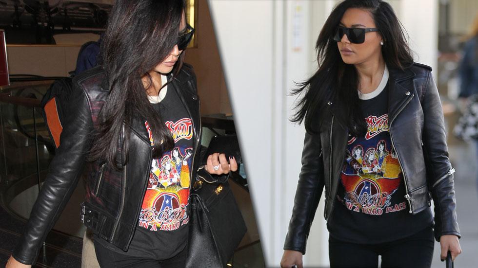 Naya rivera hides baby bump black rocker outfit