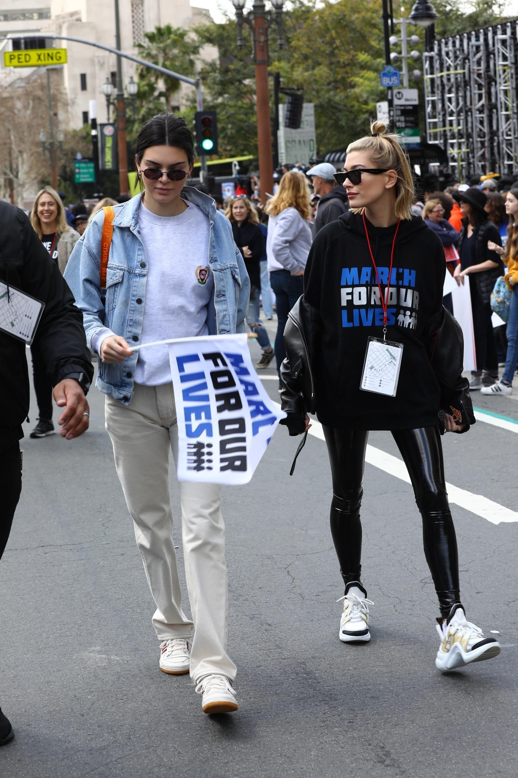 Kendall Jenner and Hailey Baldwin march at the anti gun “March For Our Lives” rally