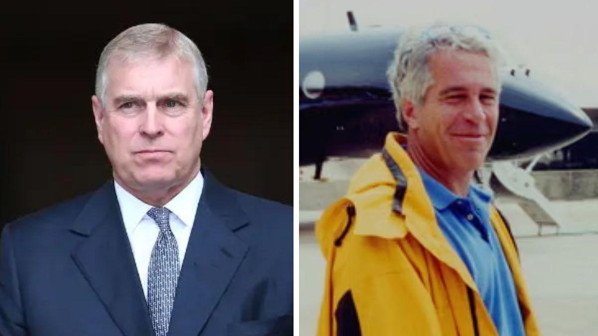 split photo of andrew mountbatten-windsor and jeffrey epstein