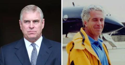split photo of andrew mountbatten-windsor and jeffrey epstein